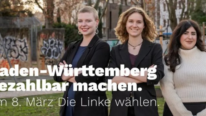 Baden-Württemberg bezahlbar machen. Am 8. März Die Linke wählen. Bild zeigt das BW Spitzentrio: Kim Sophie Bohnen, Amelie Vollmer und Mersedeh Ghazaei